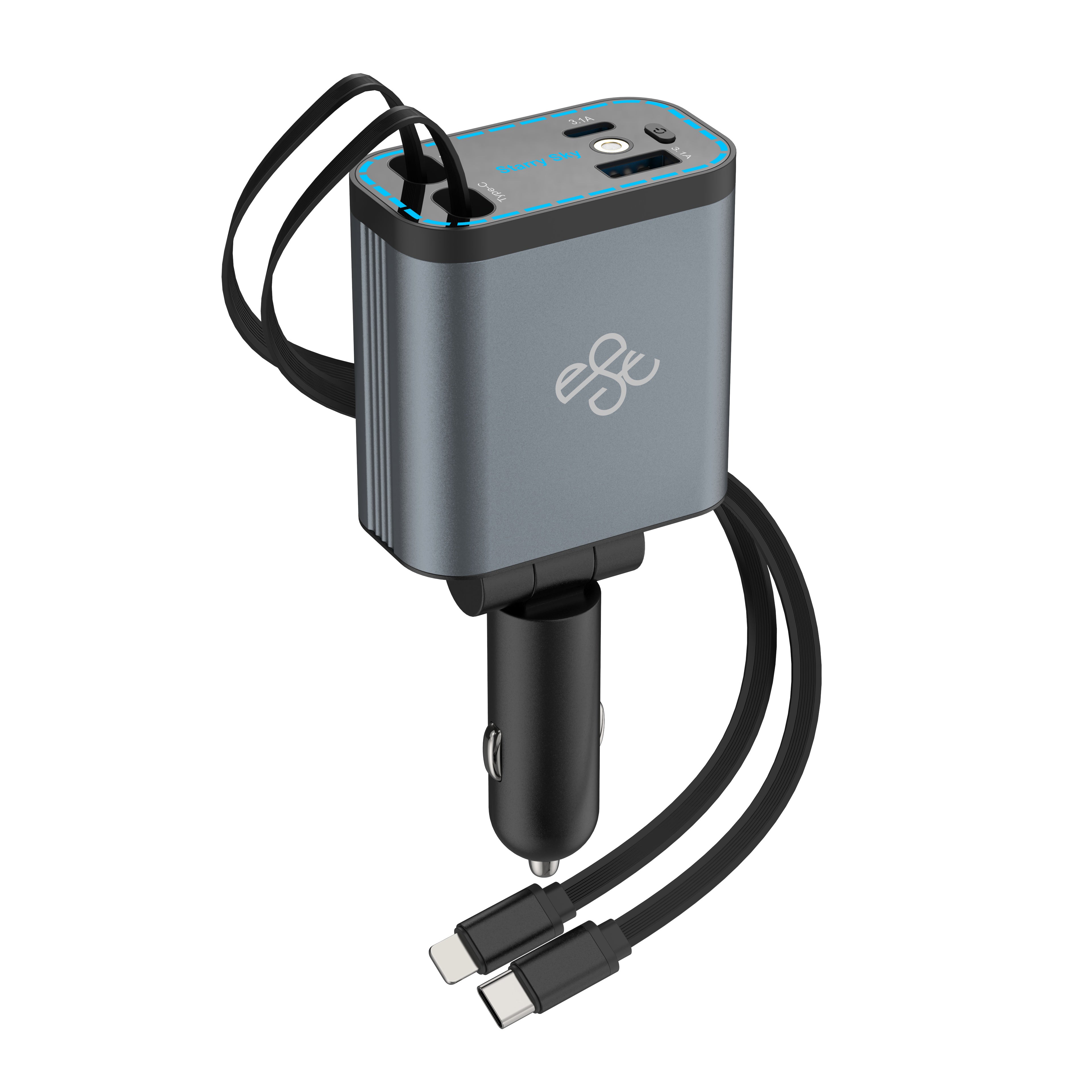 📣🔥Chargeur de voiture ultra-rapide avec câbles rétractables et ambiance lumineuse étoilée😃